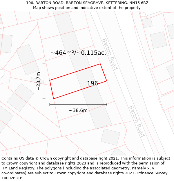 196, BARTON ROAD, BARTON SEAGRAVE, KETTERING, NN15 6RZ: Plot and title map