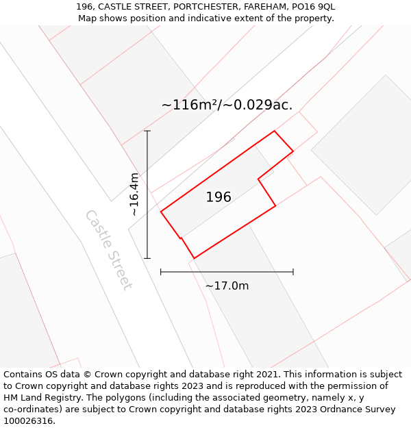 196, CASTLE STREET, PORTCHESTER, FAREHAM, PO16 9QL: Plot and title map