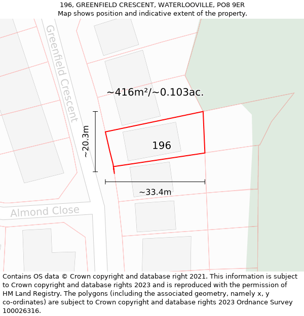 196, GREENFIELD CRESCENT, WATERLOOVILLE, PO8 9ER: Plot and title map