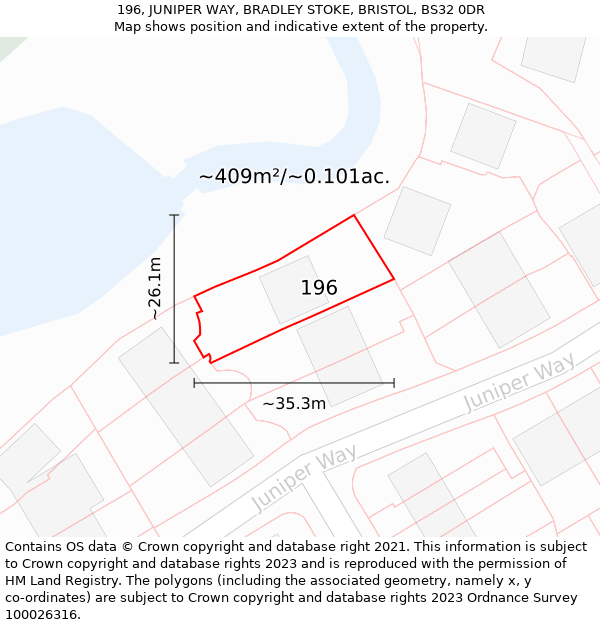 196, JUNIPER WAY, BRADLEY STOKE, BRISTOL, BS32 0DR: Plot and title map