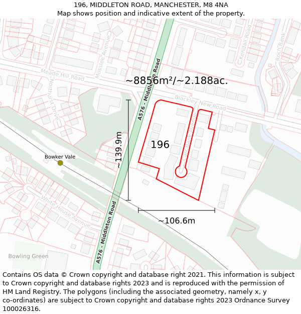 196, MIDDLETON ROAD, MANCHESTER, M8 4NA: Plot and title map