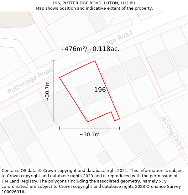 196, PUTTERIDGE ROAD, LUTON, LU2 8HJ: Plot and title map