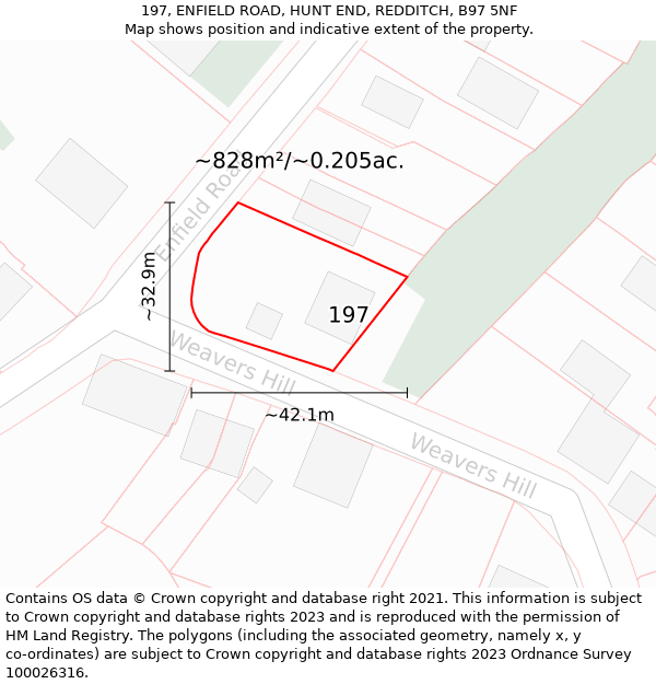 197, ENFIELD ROAD, HUNT END, REDDITCH, B97 5NF: Plot and title map