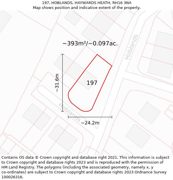 197, HOBLANDS, HAYWARDS HEATH, RH16 3NA: Plot and title map