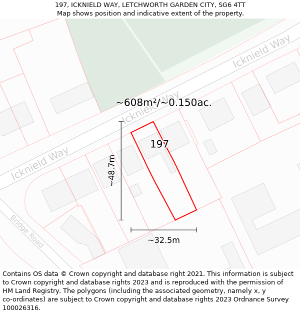 197, ICKNIELD WAY, LETCHWORTH GARDEN CITY, SG6 4TT: Plot and title map