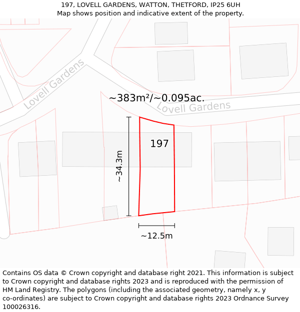 197, LOVELL GARDENS, WATTON, THETFORD, IP25 6UH: Plot and title map