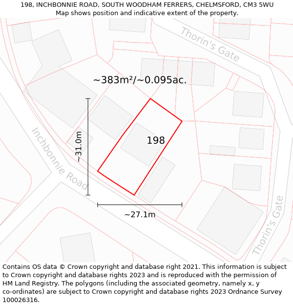 198, INCHBONNIE ROAD, SOUTH WOODHAM FERRERS, CHELMSFORD, CM3 5WU: Plot and title map