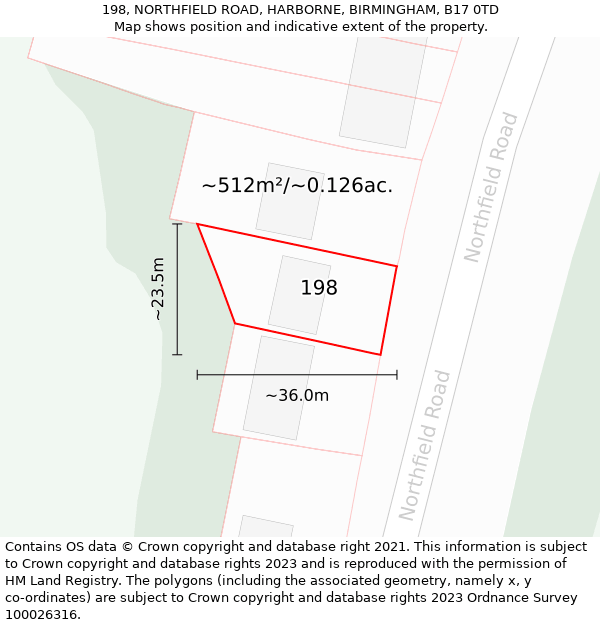 198, NORTHFIELD ROAD, HARBORNE, BIRMINGHAM, B17 0TD: Plot and title map