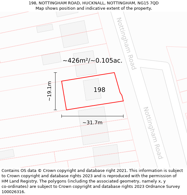 198, NOTTINGHAM ROAD, HUCKNALL, NOTTINGHAM, NG15 7QD: Plot and title map