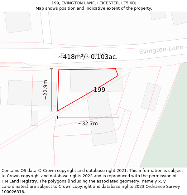 199, EVINGTON LANE, LEICESTER, LE5 6DJ: Plot and title map