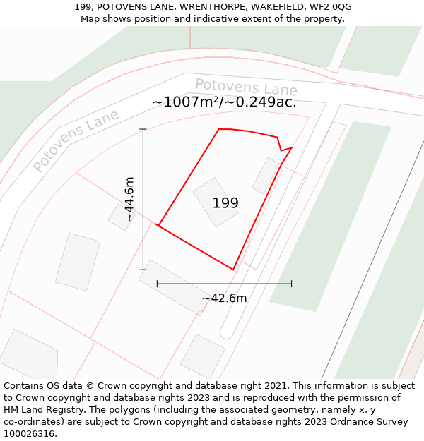 199, POTOVENS LANE, WRENTHORPE, WAKEFIELD, WF2 0QG: Plot and title map