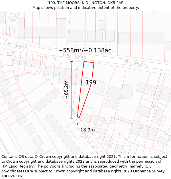 199, THE MOORS, KIDLINGTON, OX5 2AE: Plot and title map