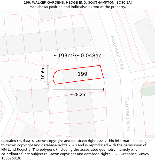 199, WALKER GARDENS, HEDGE END, SOUTHAMPTON, SO30 2AJ: Plot and title map