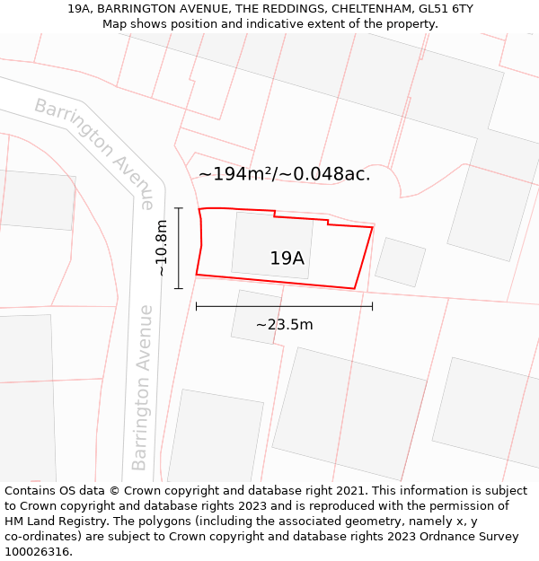 19A, BARRINGTON AVENUE, THE REDDINGS, CHELTENHAM, GL51 6TY: Plot and title map