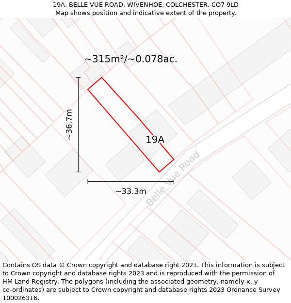 19A, BELLE VUE ROAD, WIVENHOE, COLCHESTER, CO7 9LD: Plot and title map