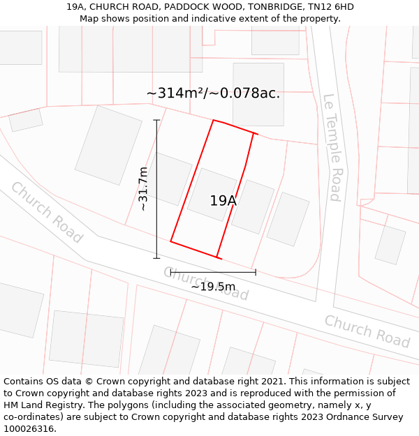 19A, CHURCH ROAD, PADDOCK WOOD, TONBRIDGE, TN12 6HD: Plot and title map