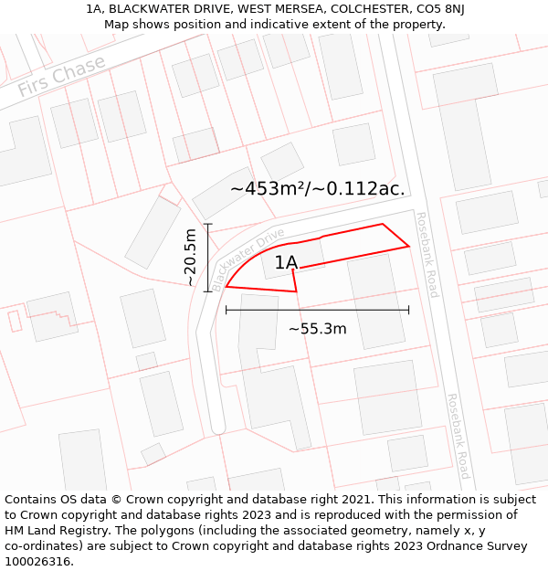 1A, BLACKWATER DRIVE, WEST MERSEA, COLCHESTER, CO5 8NJ: Plot and title map