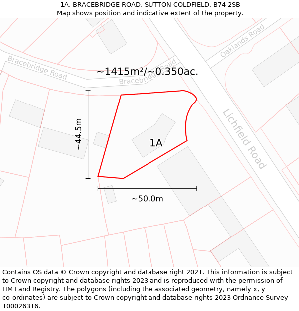 1A, BRACEBRIDGE ROAD, SUTTON COLDFIELD, B74 2SB: Plot and title map