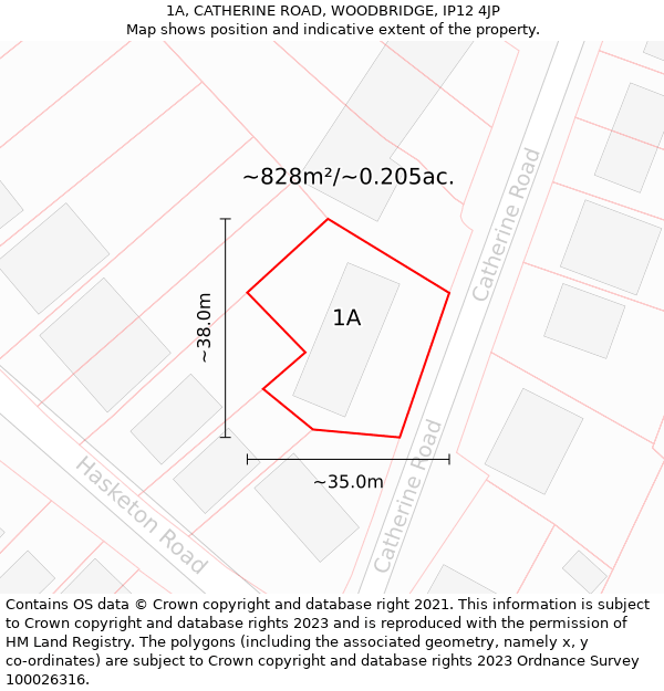 1A, CATHERINE ROAD, WOODBRIDGE, IP12 4JP: Plot and title map