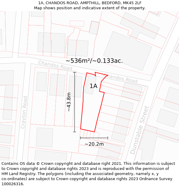 1A, CHANDOS ROAD, AMPTHILL, BEDFORD, MK45 2LF: Plot and title map