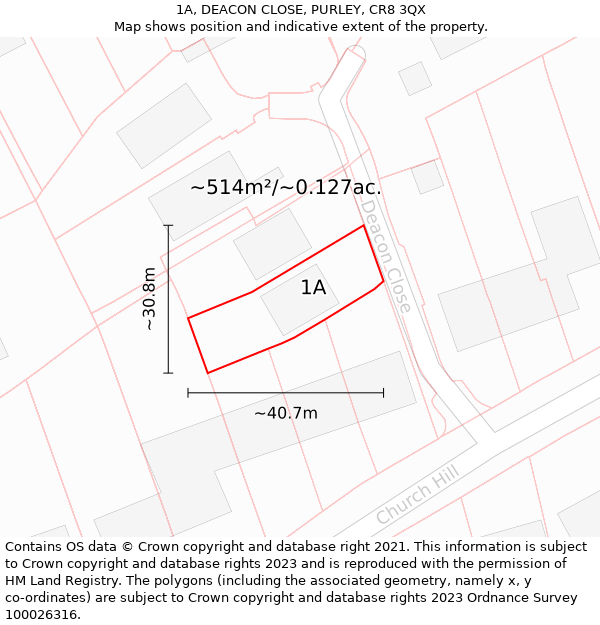 1A, DEACON CLOSE, PURLEY, CR8 3QX: Plot and title map
