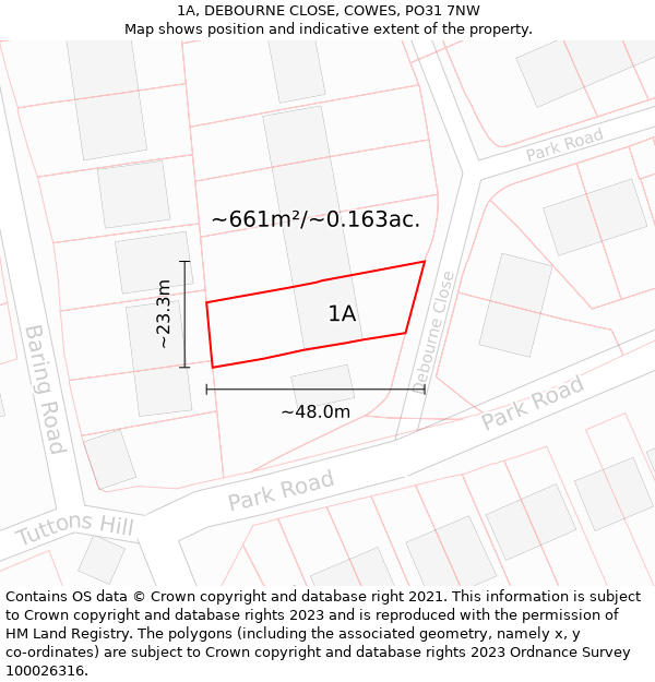 1A, DEBOURNE CLOSE, COWES, PO31 7NW: Plot and title map