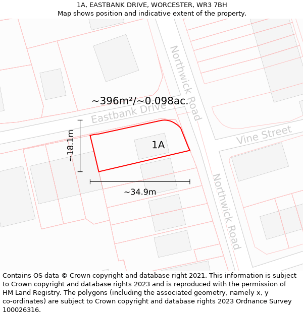 1A, EASTBANK DRIVE, WORCESTER, WR3 7BH: Plot and title map