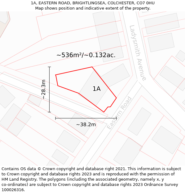 1A, EASTERN ROAD, BRIGHTLINGSEA, COLCHESTER, CO7 0HU: Plot and title map