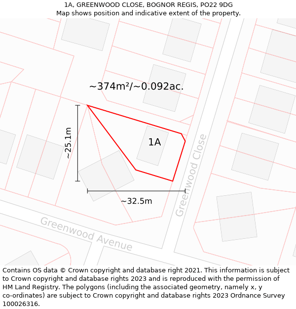 1A, GREENWOOD CLOSE, BOGNOR REGIS, PO22 9DG: Plot and title map