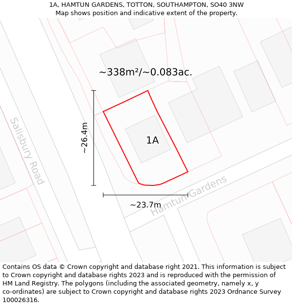 1A, HAMTUN GARDENS, TOTTON, SOUTHAMPTON, SO40 3NW: Plot and title map