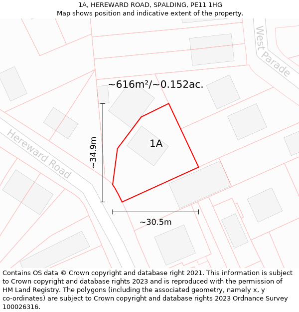 1A, HEREWARD ROAD, SPALDING, PE11 1HG: Plot and title map