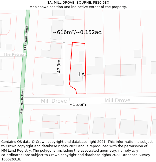 1A, MILL DROVE, BOURNE, PE10 9BX: Plot and title map