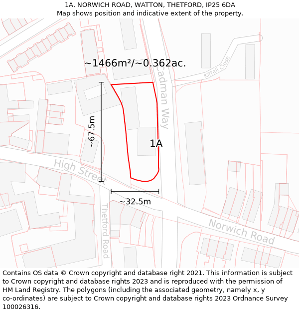 1A, NORWICH ROAD, WATTON, THETFORD, IP25 6DA: Plot and title map