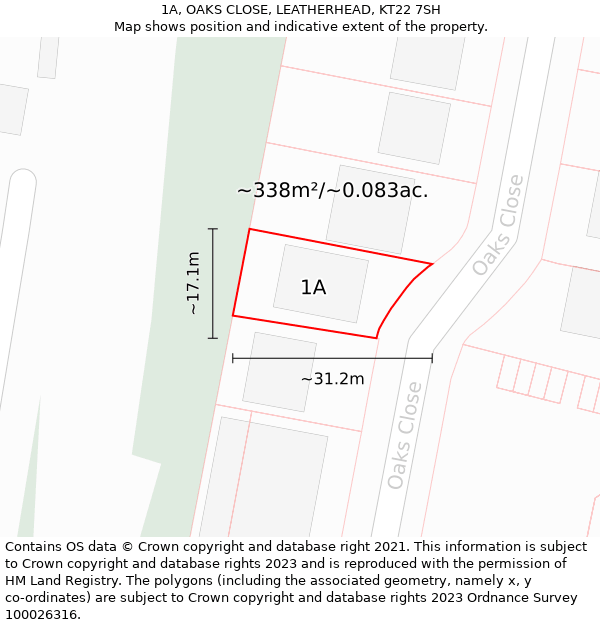 1A, OAKS CLOSE, LEATHERHEAD, KT22 7SH: Plot and title map