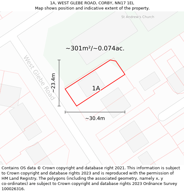 1A, WEST GLEBE ROAD, CORBY, NN17 1EL: Plot and title map