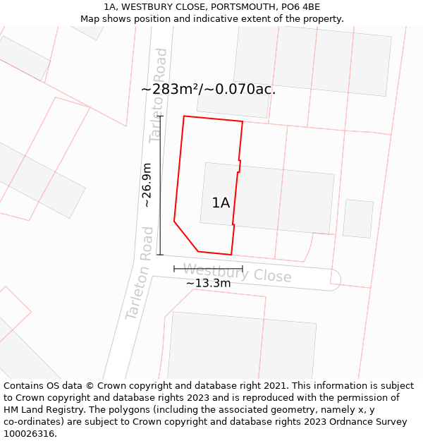 1A, WESTBURY CLOSE, PORTSMOUTH, PO6 4BE: Plot and title map