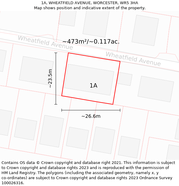 1A, WHEATFIELD AVENUE, WORCESTER, WR5 3HA: Plot and title map