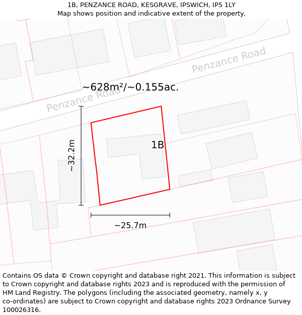 1B, PENZANCE ROAD, KESGRAVE, IPSWICH, IP5 1LY: Plot and title map