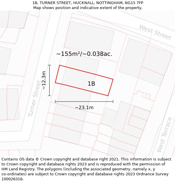 1B, TURNER STREET, HUCKNALL, NOTTINGHAM, NG15 7FP: Plot and title map