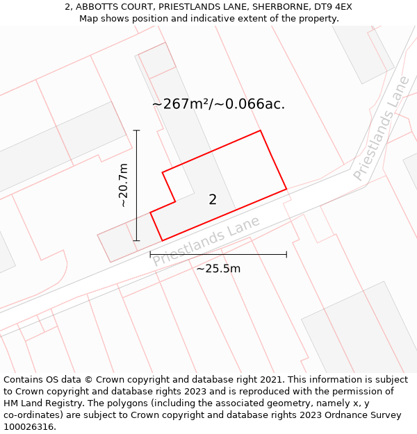 2, ABBOTTS COURT, PRIESTLANDS LANE, SHERBORNE, DT9 4EX: Plot and title map