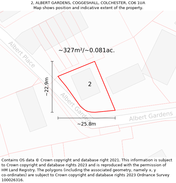 2, ALBERT GARDENS, COGGESHALL, COLCHESTER, CO6 1UA: Plot and title map