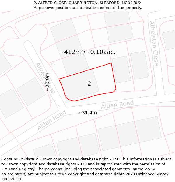 2, ALFRED CLOSE, QUARRINGTON, SLEAFORD, NG34 8UX: Plot and title map