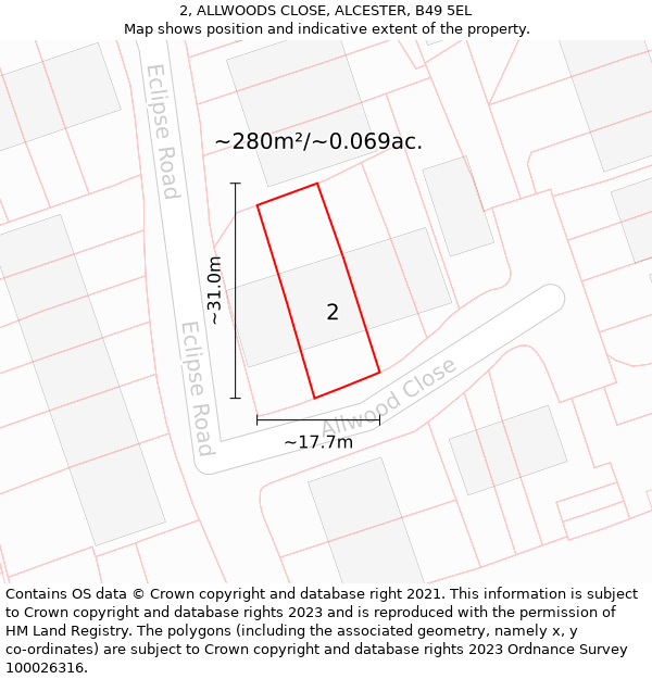 2, ALLWOODS CLOSE, ALCESTER, B49 5EL: Plot and title map