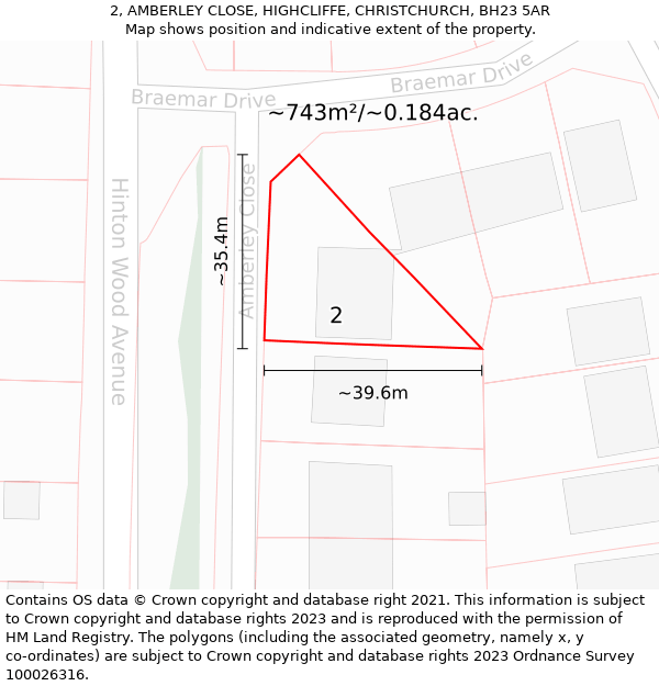 2, AMBERLEY CLOSE, HIGHCLIFFE, CHRISTCHURCH, BH23 5AR: Plot and title map