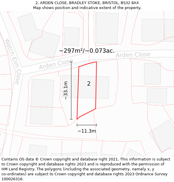 2, ARDEN CLOSE, BRADLEY STOKE, BRISTOL, BS32 8AX: Plot and title map