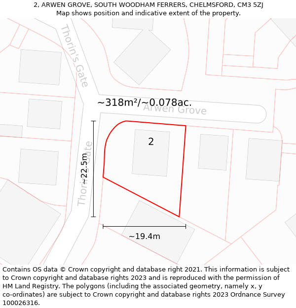 2, ARWEN GROVE, SOUTH WOODHAM FERRERS, CHELMSFORD, CM3 5ZJ: Plot and title map