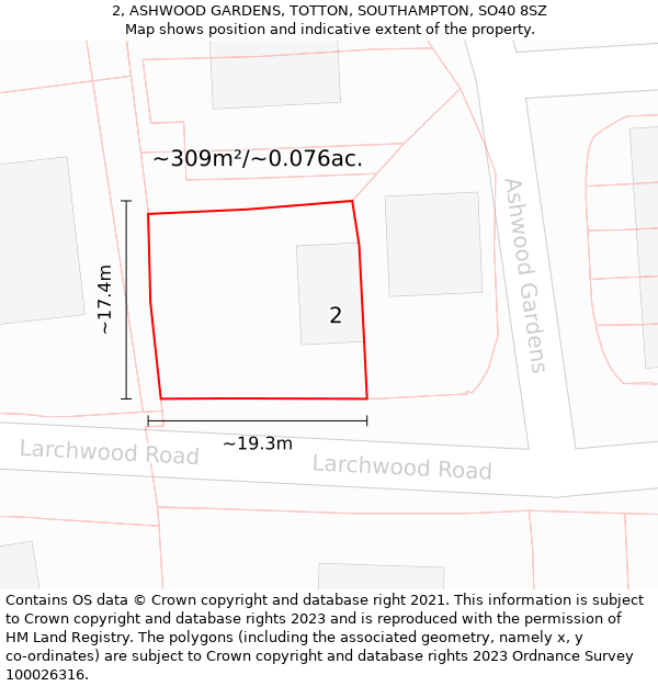 2, ASHWOOD GARDENS, TOTTON, SOUTHAMPTON, SO40 8SZ: Plot and title map