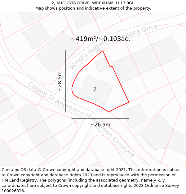 2, AUGUSTA DRIVE, WREXHAM, LL13 9GL: Plot and title map