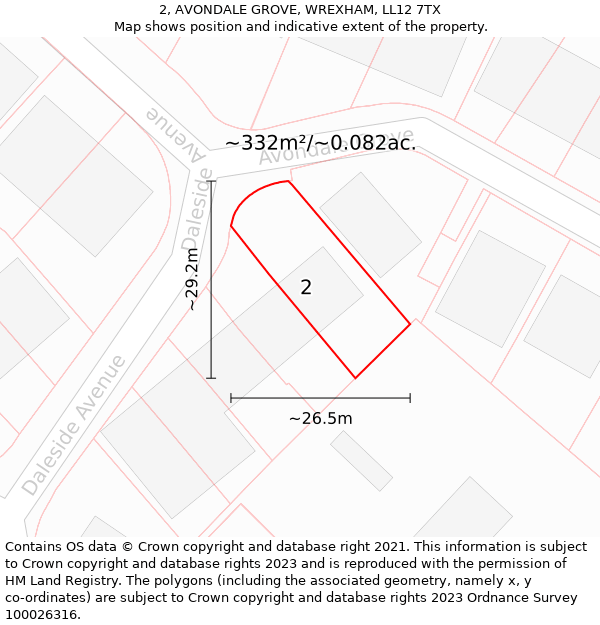 2, AVONDALE GROVE, WREXHAM, LL12 7TX: Plot and title map