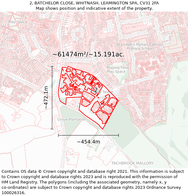 2, BATCHELOR CLOSE, WHITNASH, LEAMINGTON SPA, CV31 2FA: Plot and title map